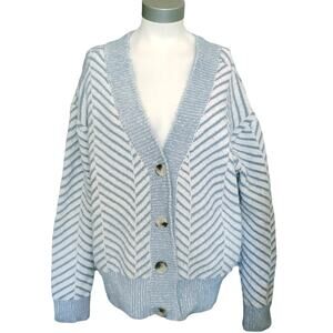 FRNCH Diagonal Stripe Chenille V-Neck Cardigan sweater blue white Size S / M NEW